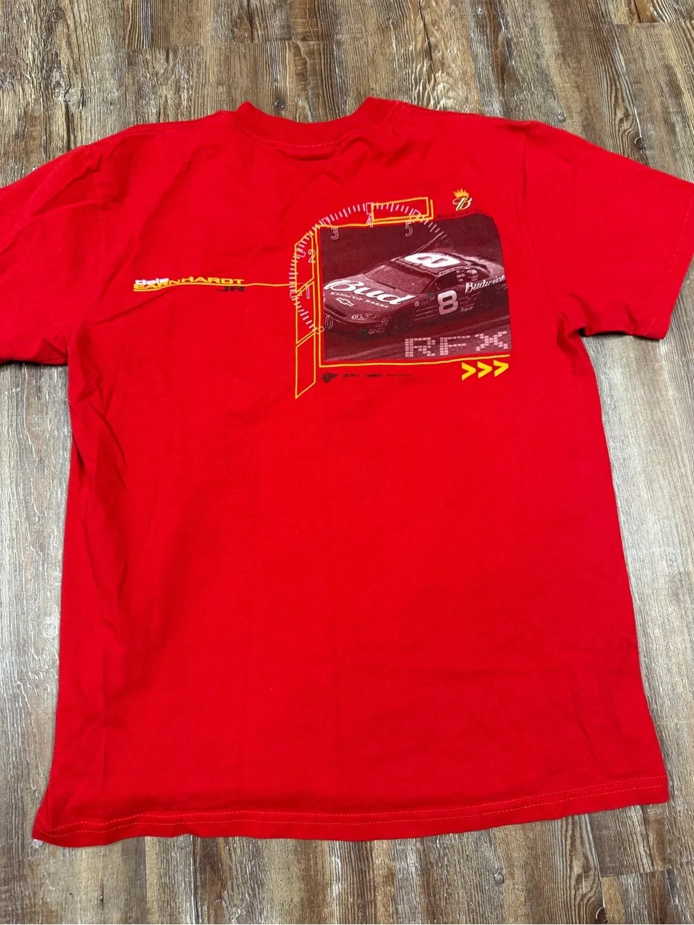 Vintage Red Dale Earnhardt Jr. NASCAR tee with graphic of a race car and the wor